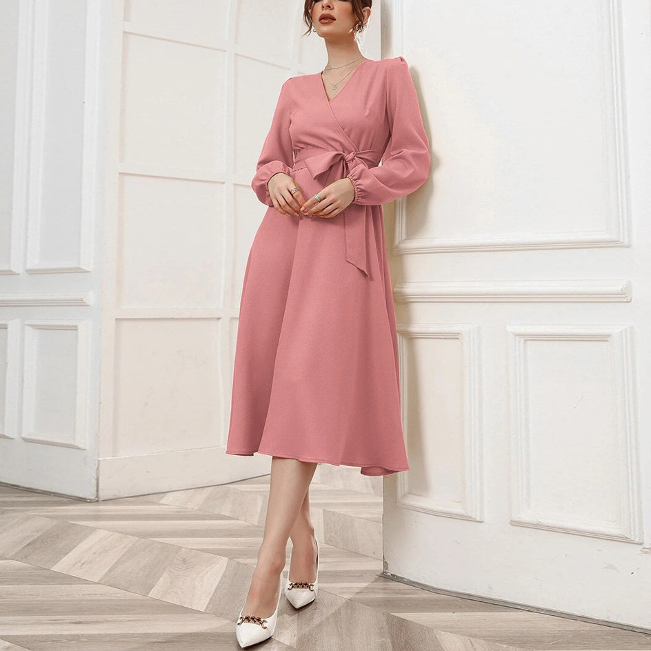 Puff Sleeve V-Neck Wide Swing Ladies Midi Dress With Belt Elegant Wholesale Dresses Business Casual Women