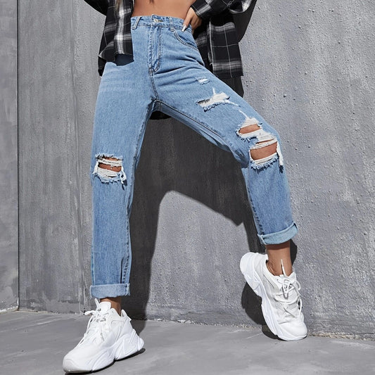 Fashion Personality Ripped Denim Straight-Legged Pants Wholesale Jeans