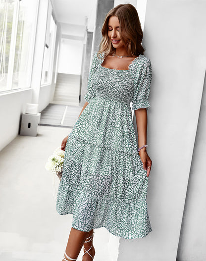 Sexy Off Shoulder Floral Midi Swing Dress High Waist Slim Petal Sleeve Vacation Wholesale Dresses