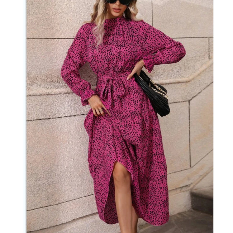 Casual Stand-Up Collar Long-Sleeved Printed Tie-Up Ruffle Swing Midi Dress Wholesale Dresses