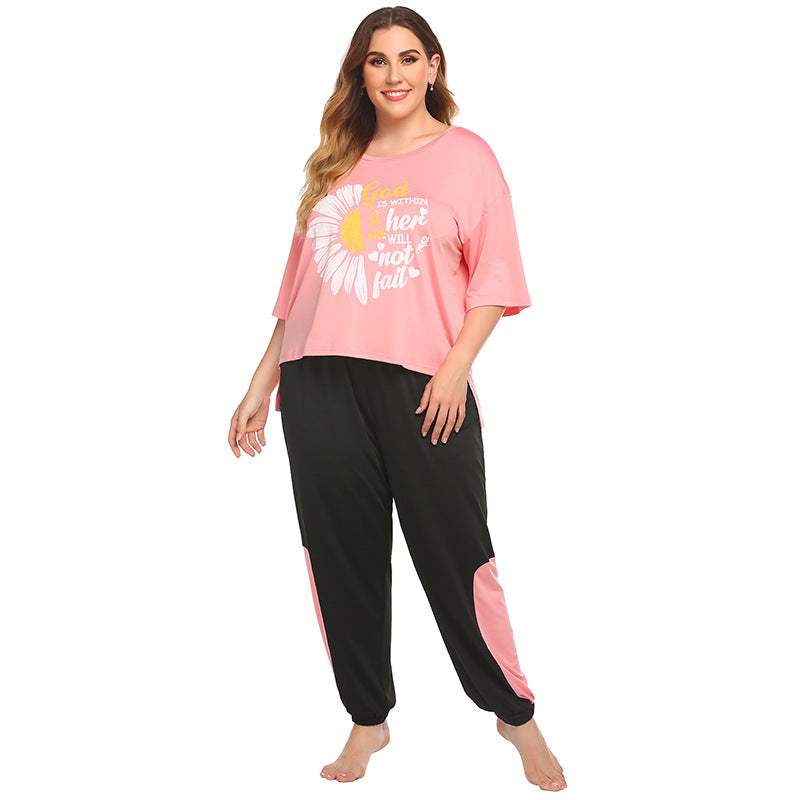 Daisy Print T-Shirt & Trousers Pajamas Sets Wholesale Plus Size Clothing