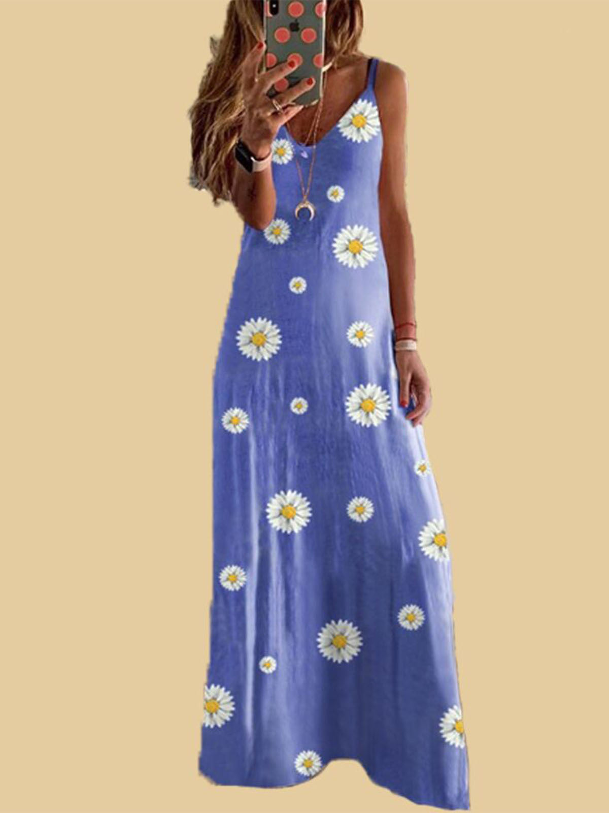 Daisy Print Spaghetti Strap Sleeveless Wholesale Maxi Dresses for Summer