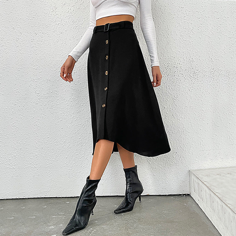 Casual Solid Color Single-Breasted A-Line Swing Irregular Midi Wholesale Skirts With Belt