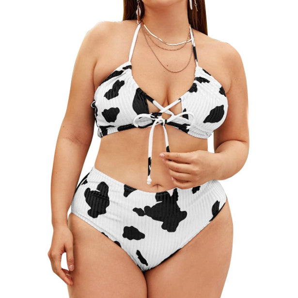 Cow Print Sexy Lacing Swimsuit Two Piece Sets Curve Bikini Backless Plus Size Swimwear Wholesale Vendors