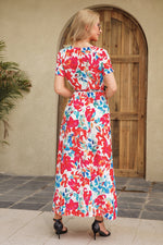 Short Sleeve V Neck Floral Print Tie-Up Waist High Slit Resort Dress Wholesale Maxi Dresses