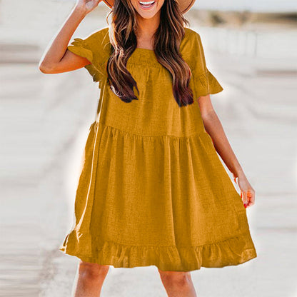 Solid Color Ruffle Short Sleeve Round Neck Wholesale Swing Dresses