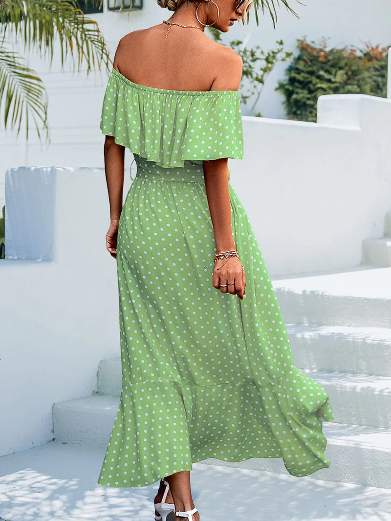 One-Shoulder Irregular Polka-Dot Ruffled Dress Wholesale Dresses