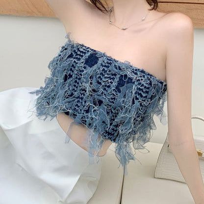 Stylish Niche Denim Stitching Strapless Tube Top Crop Top Wholesale Women Top