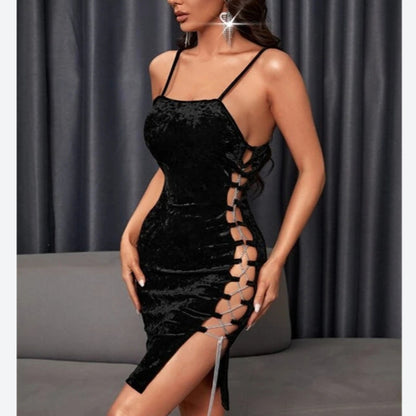 Solid Color Velvet Side Chain Tie Skinny Slip Bodycon Dress Sexy Womens Clothes Wholesale Dresses SD531302