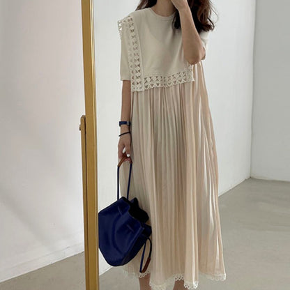 Retro Lace Stiching Pleated Hem Casual Loose Midi Dress Wholesale Dresses Short Sleeve