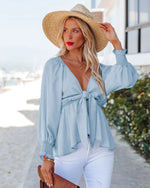 V-Neck Long Sleeve Knotted Shirt Denim Blouse Wholesale Womens Tops