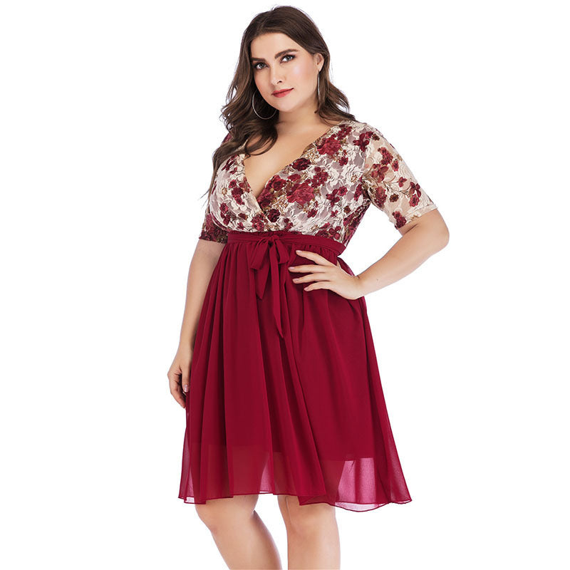 Floral Print Lace Stiching Fashion V-Neck Lace-Up Casual Curve Dresses Wholesale Plus Size Clothing