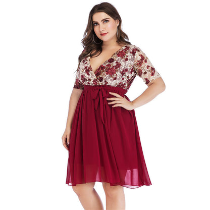 Floral Print Lace Stiching Fashion V-Neck Lace-Up Casual Curve Dresses Wholesale Plus Size Clothing