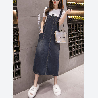 Casual Midi Overall Denim Dresses Slit Hem Loose Wholesale Women Clothing With Pockets