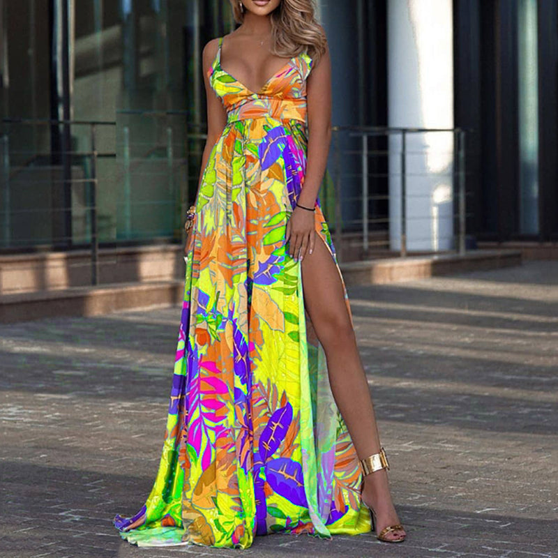 Low Cut Sling High Waist Palm Leaves Print Slit Swing Dress Resort Sundresses Wholesale Maxi Dresses