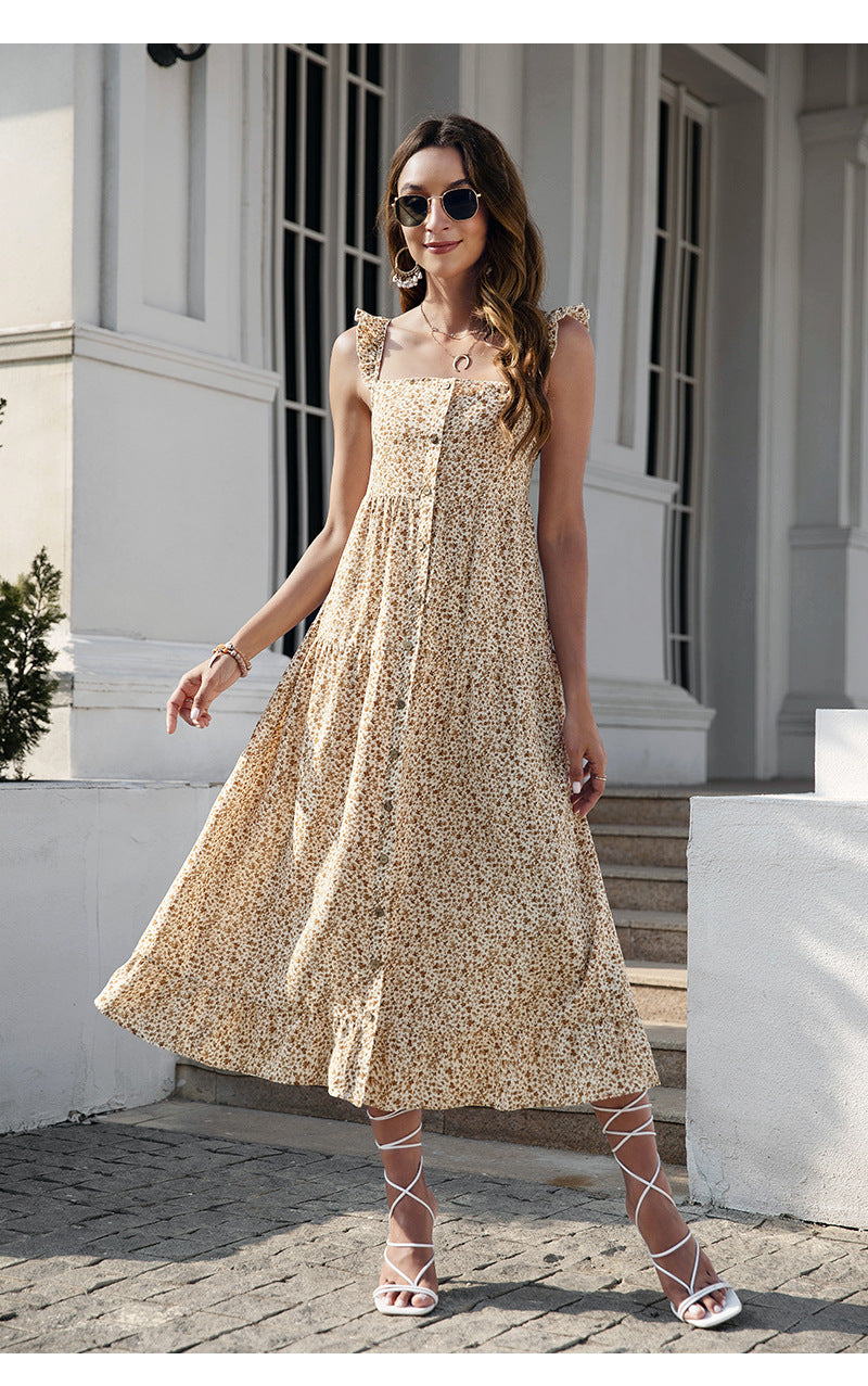 Elegant Slip Floral Dress Single-Breasted Ruffled Backless Wholesale Dresses