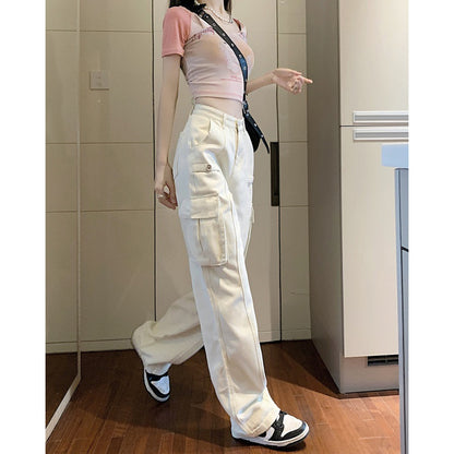 Retro Loose High-Waisted Wide-Legged Multi-Pocket Denim Cargo Pants Wholesale Jeans