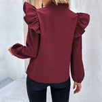 Versatile V-Neck Ruffled Long-Sleeved Solid Color Blouses Wholesale Women Top