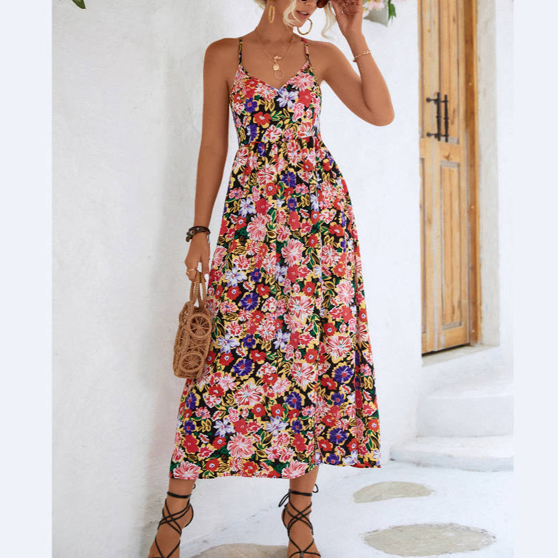 Floral Print Sling High Waist Open Back A-Line Dress Wholesale Dresses