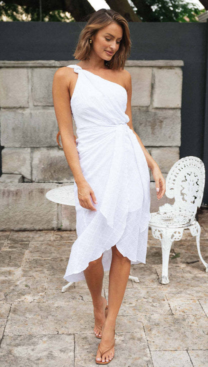 One Shoulder Sleeveless Waist Knotted Slit Midi White Dress Wholesale Dresses