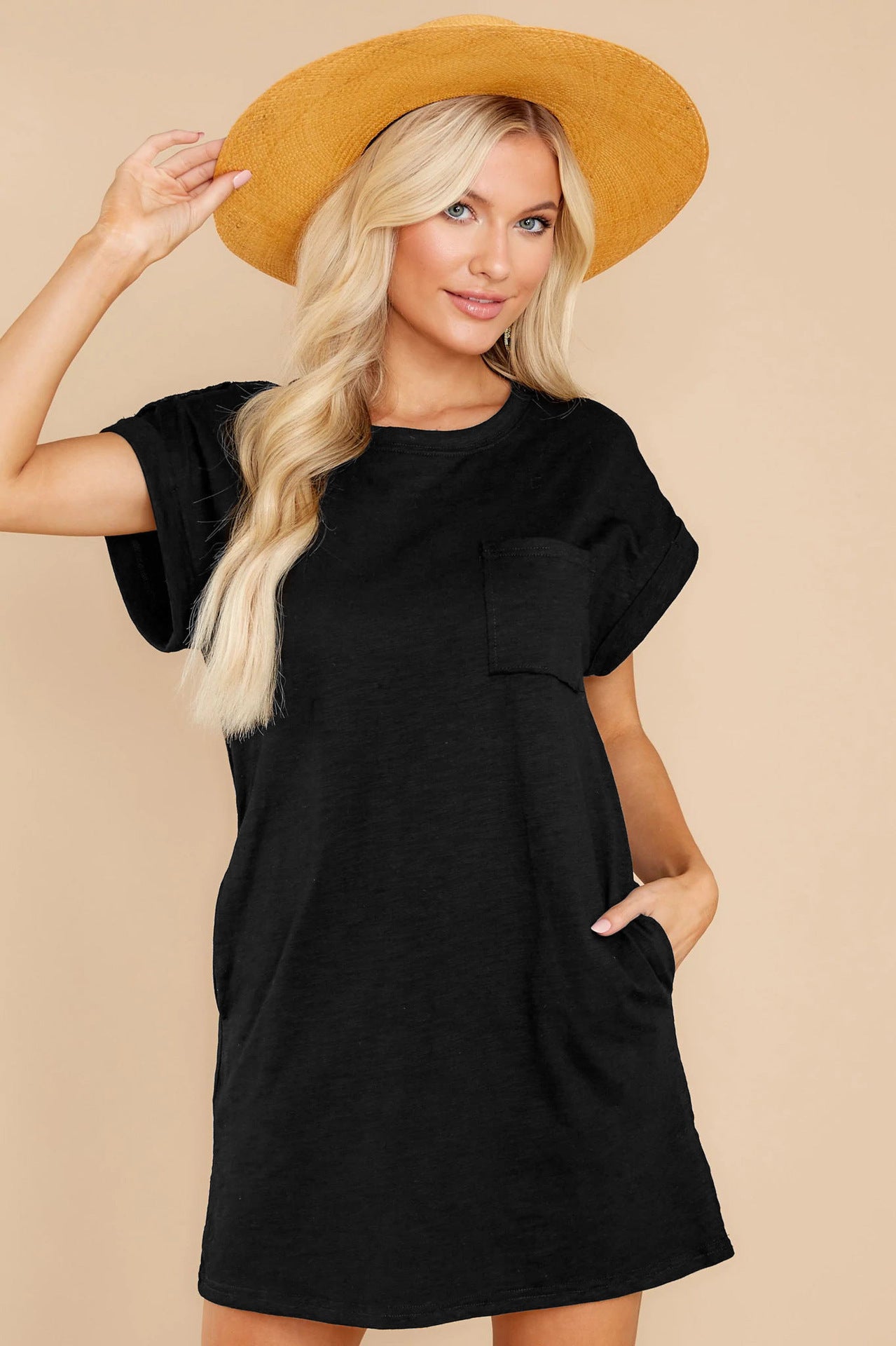 Fashion Casual Round Neck Dress Loose Short Sleeve Solid Color Wholesale Dresses With Pockets