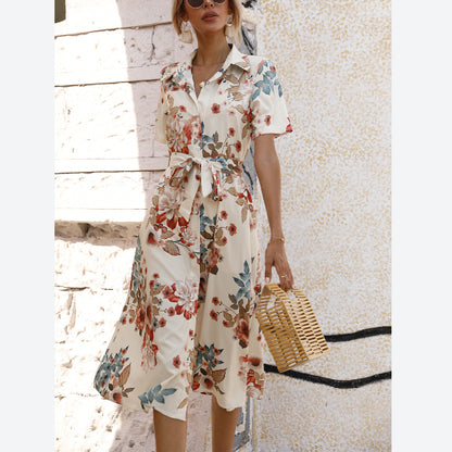 Floral Print Single-Breasted Lace-Up Short Sleeve Elegant Lapel Midi Shirtdress Wholesale Shirt Dresses