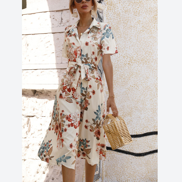 Floral Print Single-Breasted Lace-Up Short Sleeve Elegant Lapel Midi Shirtdress Wholesale Shirt Dresses