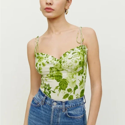 Lace-Up Rose Print Short Women Camisole Wholesale Crop Tops