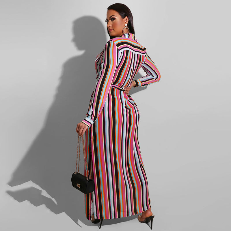 Wholesale Plus Size Women Clothing Striped Button-Down Lapel Long-Sleeved Fitted Shirt Dress