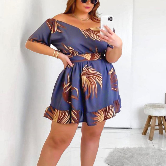 Wide Neck Printed Short Sleeve Women Curvy Dresses Wholesale Plus Size Clothing