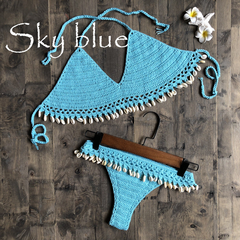 Cotton Woven Hand Crochet Sexy Womens Bikini Shell Split Swimsuit Wholesale Womens Swimwear