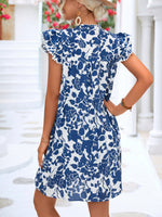 V-Neck Tie Ruffle Sleeve Floral A-Line Dress Wholesale Dresses