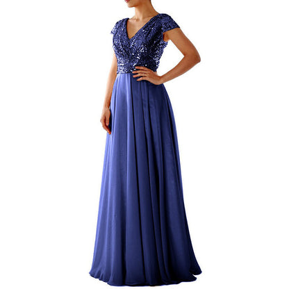 High Waist V-Neck Chiffon Sequin Evening Dress Wholesale Maxi Dresses