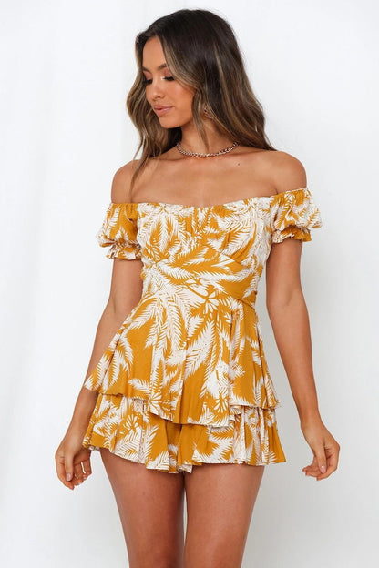 Off Shoulder Printed Puff Sleeve Tube Top Sexy Ruffles Tie-Up Womens Short Jumpsuits Wholesale Rompers