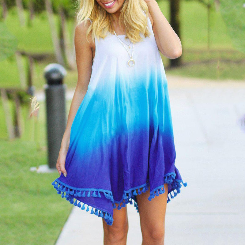 Trendy Gradient Blue Print Fringed Sleeveless Casual Loose Tank Dress Wholesale Bohemian Dress For Women