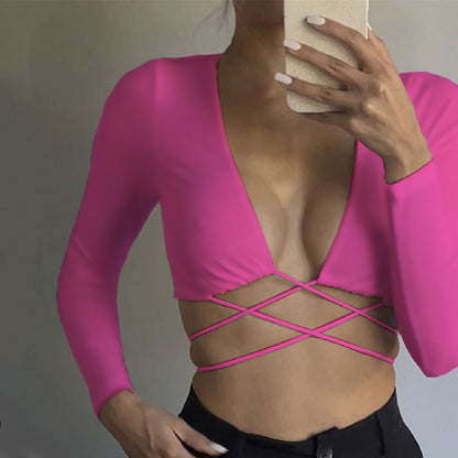 Sexy Deep V Straps Solid Color Long-Sleeved Wholesale Crop Tops