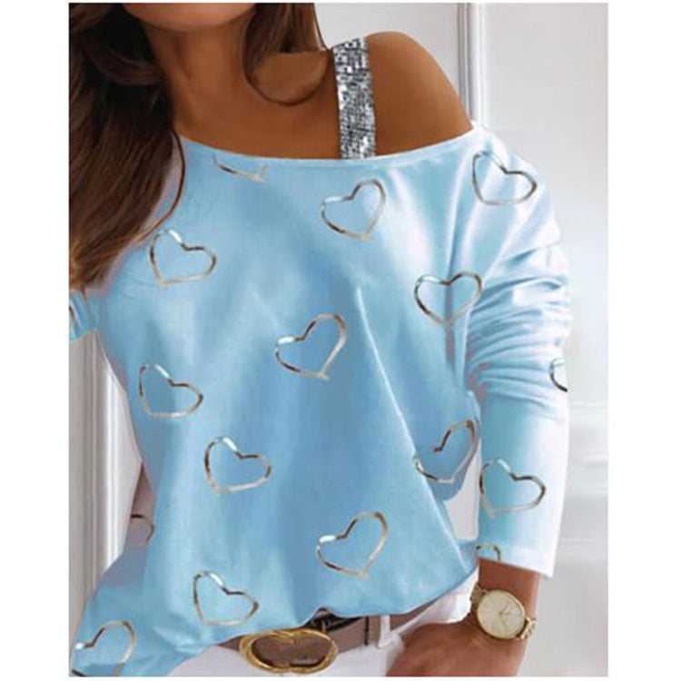 Heart Printed Drop Shoulder Sequins Fashion Pullover Long Sleeve Womens T-Shirts Wholesale Blouse