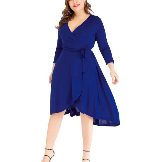 V-Neck Slim Waist Tie 3/4 Sleeve Curvy Dresses Wholesale Plus Size Clothing