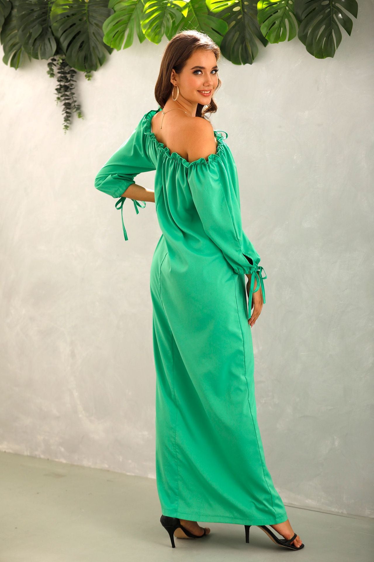 Off Shoulder Solid Color Lantern Sleeve Ruffles Loose Dress Casual Wholesale Maxi Dresses