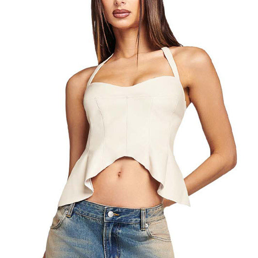 Halterneck Sexy Backless Sleeveless Slim Fit Ruffle Irregular PU Vest Wholesale Womens Tops