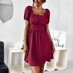 Solid Color Ruffled Puff Sleeve Square Neck Cutout Back Bowknot Swing Dress Casual Wholesale Dresses
