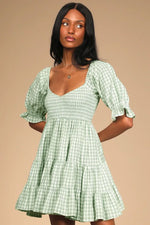 Plaid Puff Sleeve Wide Vintage Swing Smocked Dress Wholesale Dresses
