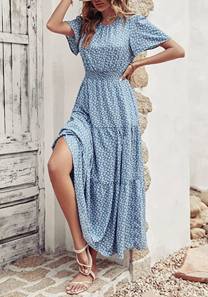 Casual Print Flared Dress Crew Neck Elastic Waist Short Sleeve Midi Wholesale Dresses