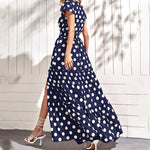 Polka Dot Print V-Neck Casual High Slit Dress Wholesale Maxi Dresses