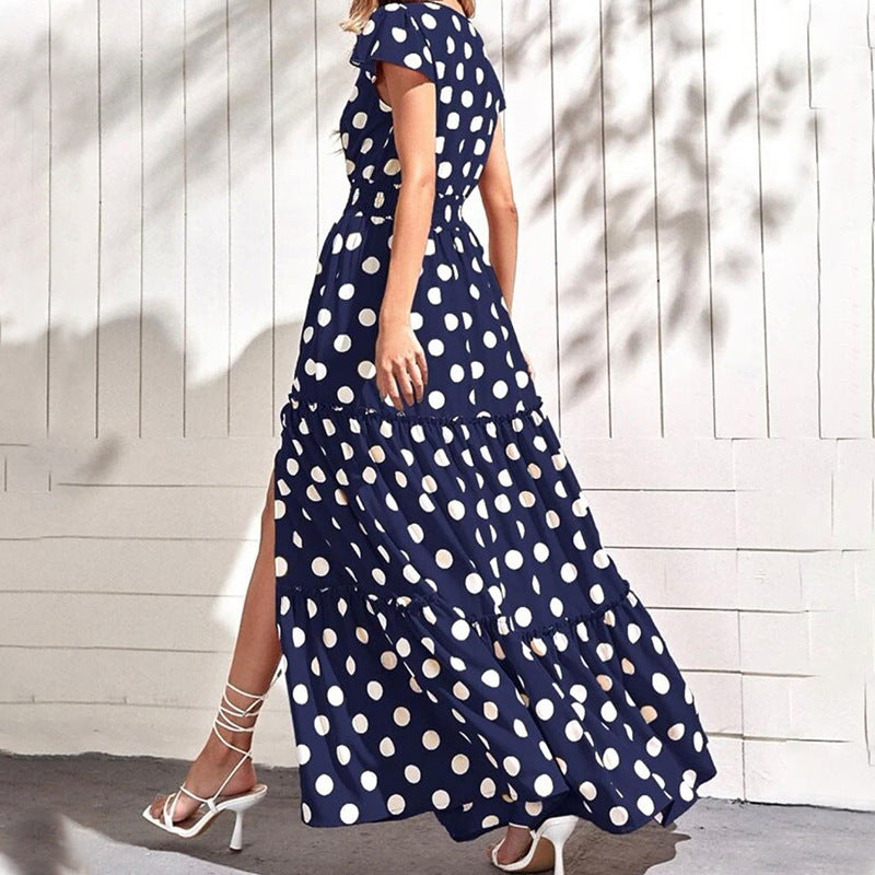 Polka Dot Print V-Neck Casual High Slit Dress Wholesale Maxi Dresses