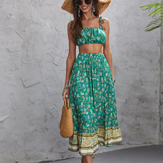 Boho Printed Spaghetti Straps Tops & Mid-Length Skirts Bohemian Suit Wholesale Women'S 2 Piece Sets