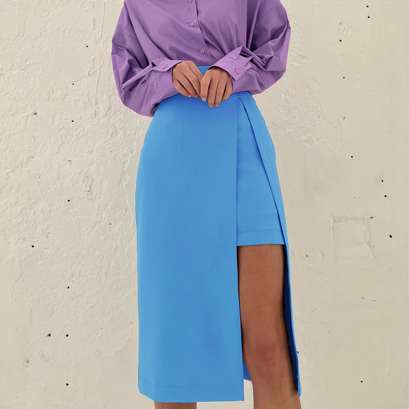 Sexy Irregular Slit Solid Color High Waist Midi Wholesale Skirt