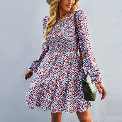 Casual Print Long Sleeve Round Neck A-Line Dress Wholesale Dresses