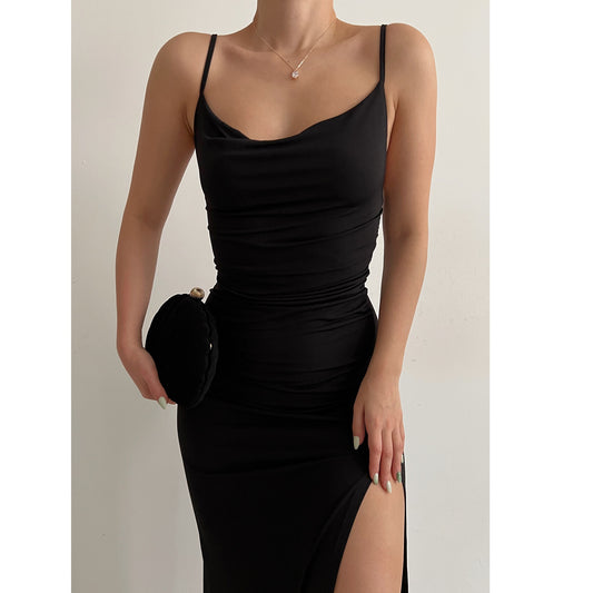 Sexy Sling Midi Dress Side Slit Backless Bodycon Solid Color Wholesale Dresses