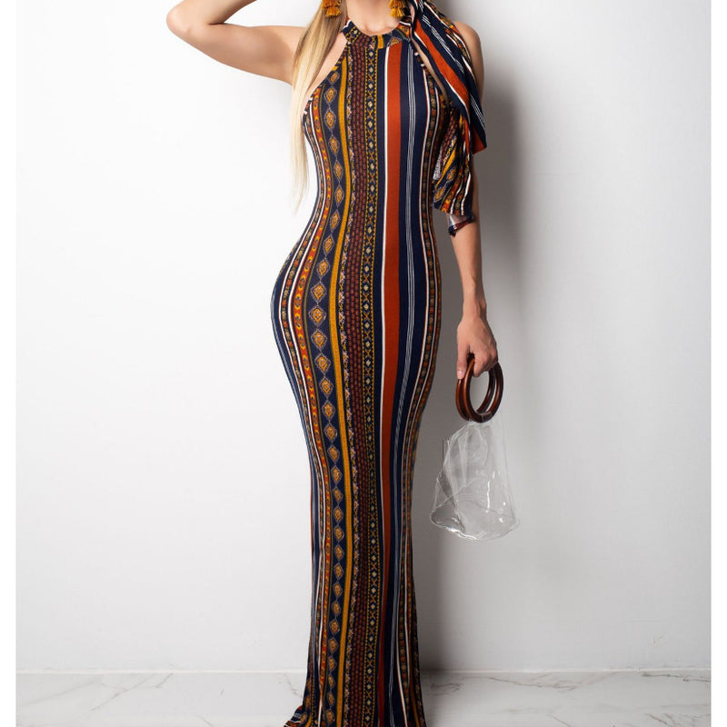 Print Striped Off Shoulder Vacation Bodycon Maxi Dresses With Bandana Wholesale Bohemian Dress For Women